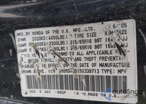 2005 Honda Cr-V Lx из США, поврежденный, VIN SHSRD78515U339713